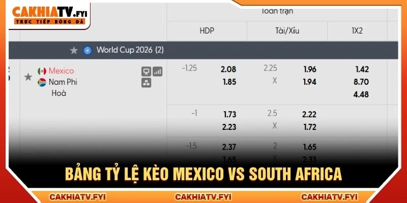 Bảng tỷ lệ kèo Mexico vs South Africa Bảng tỷ lệ kèo Mexico vs South Africa